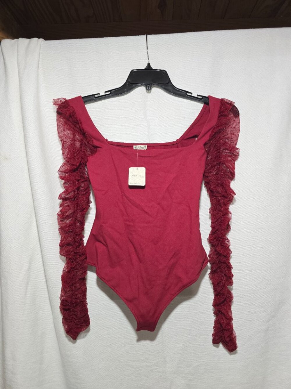 Free People Intimately Wine Red Ruched Mesh Sleeve Bodysuit NWT Sz XS NEW Thong